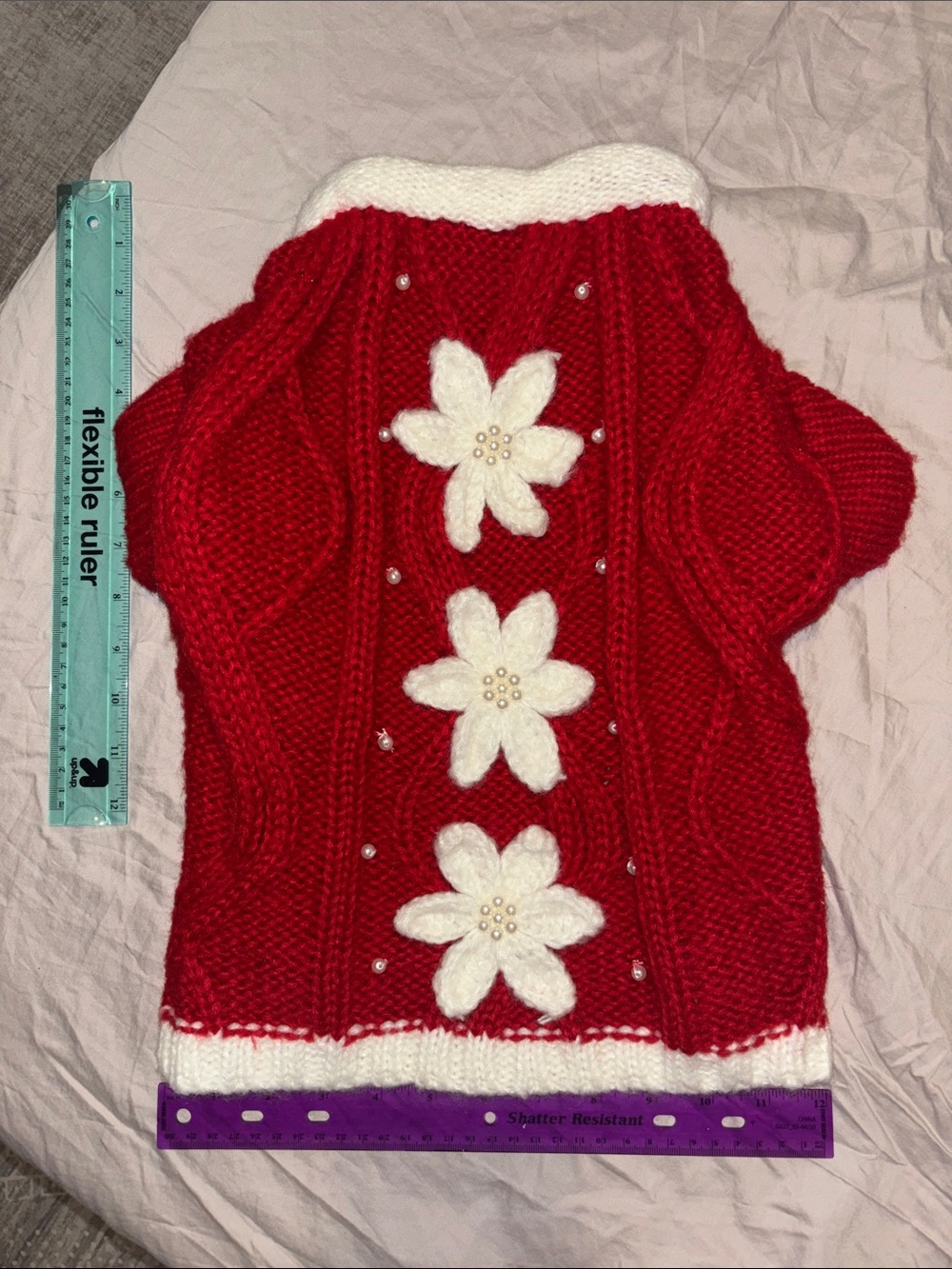 Red Knit Women's Sweater with White Floral Accents